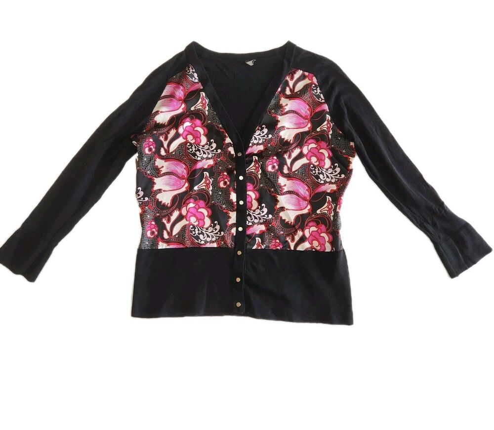 Tahari Silk Blend Abstract Black Fuschia Cardigan Read Description Women Size M